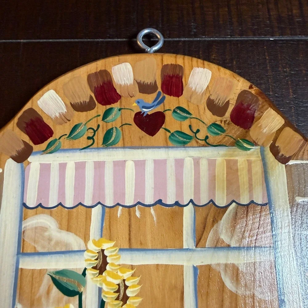 Vintage Hand Painted Country Wall Wood Key Holder Shelf Cat Sunflower Heart 1997